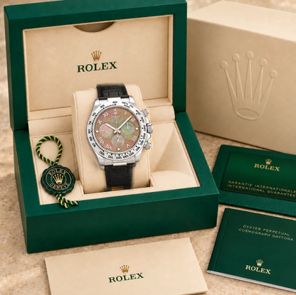 Irisel Chronograph – Perlmutt & Schwarz | 40 mm in groene Rolex-doos