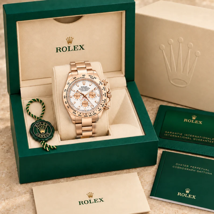 Ivoris Herren-Chronograph – Elfenbein & Roségoldfarben | 40 mm in groene Rolex-doos
