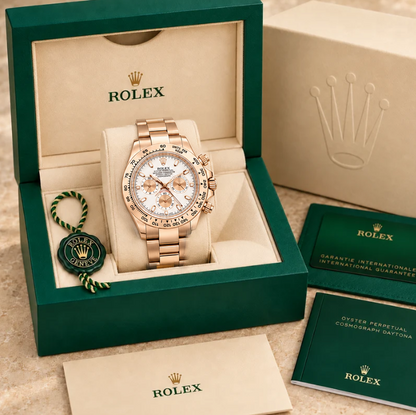 Ivoris Herren-Chronograph – Elfenbein & Roségoldfarben | 40 mm in groene Rolex-doos