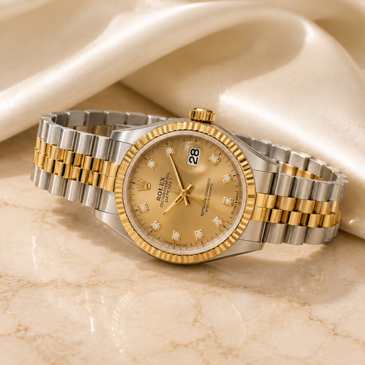 Lady-Classic 26 Bicolor Champagne Diamond op marmer en satijn