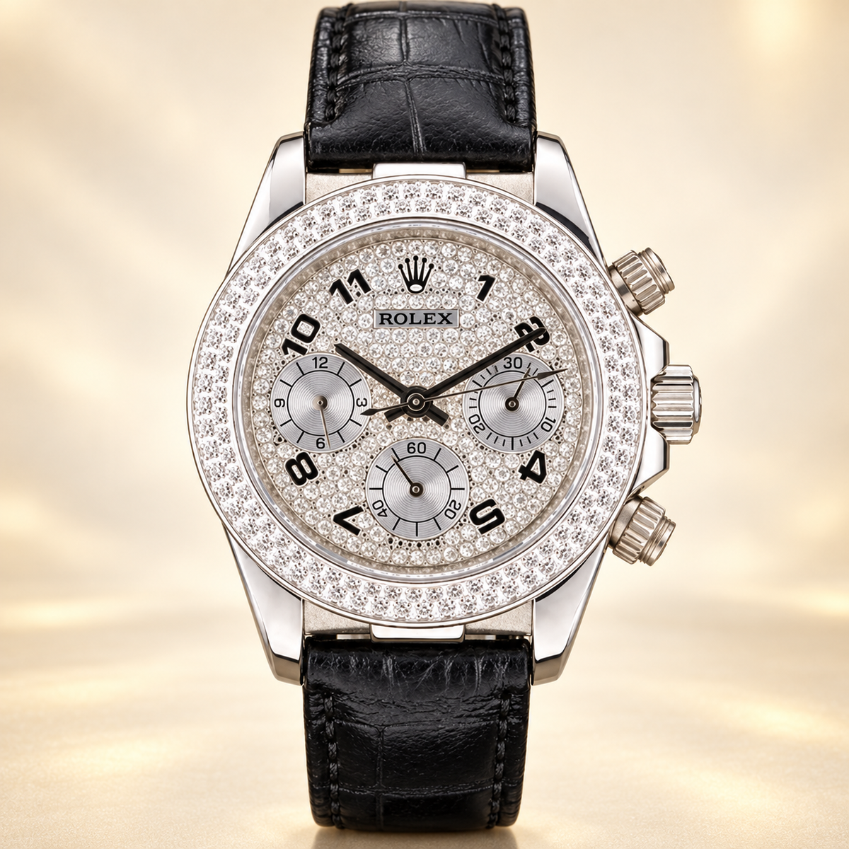 Lumiera Damen-Chronograph – Vorderansicht mit silberfarbenem Pavé-Zifferblatt