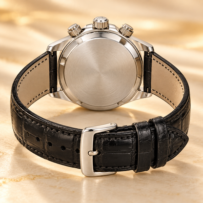 Lumiera Damen-Chronograph – geschlossene Rückseite und geöffnetes schwarzes Armband