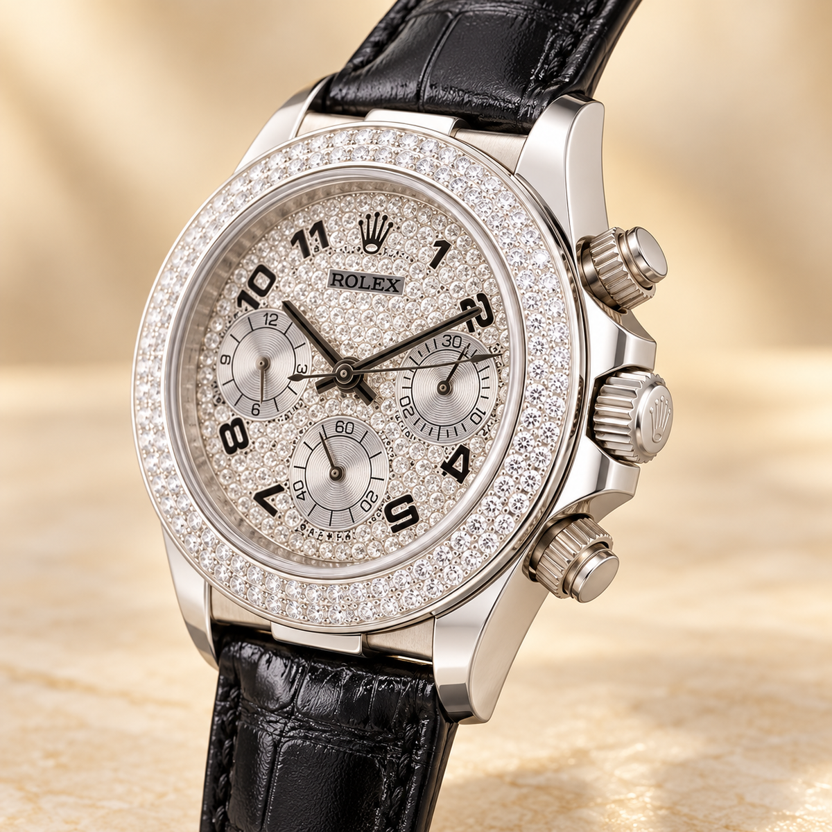 Lumiera Damen-Chronograph – Seitenansicht mit Krone und zwei Drückern