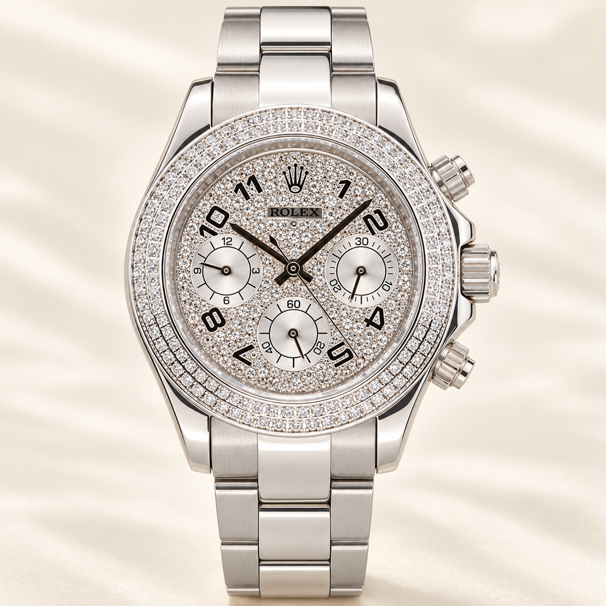 Luminara Damen-Chronograph – Vorderansicht mit silberfarbenem Pavé-Zifferblatt