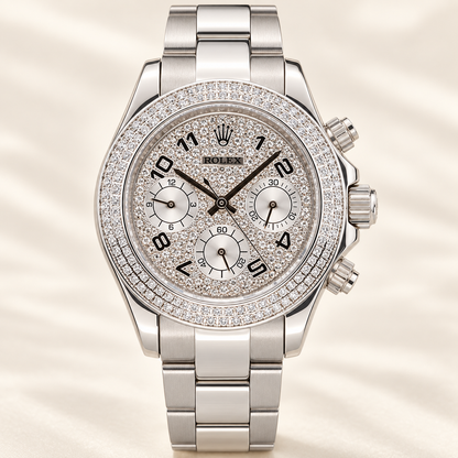 Luminara Damen-Chronograph – Vorderansicht mit silberfarbenem Pavé-Zifferblatt