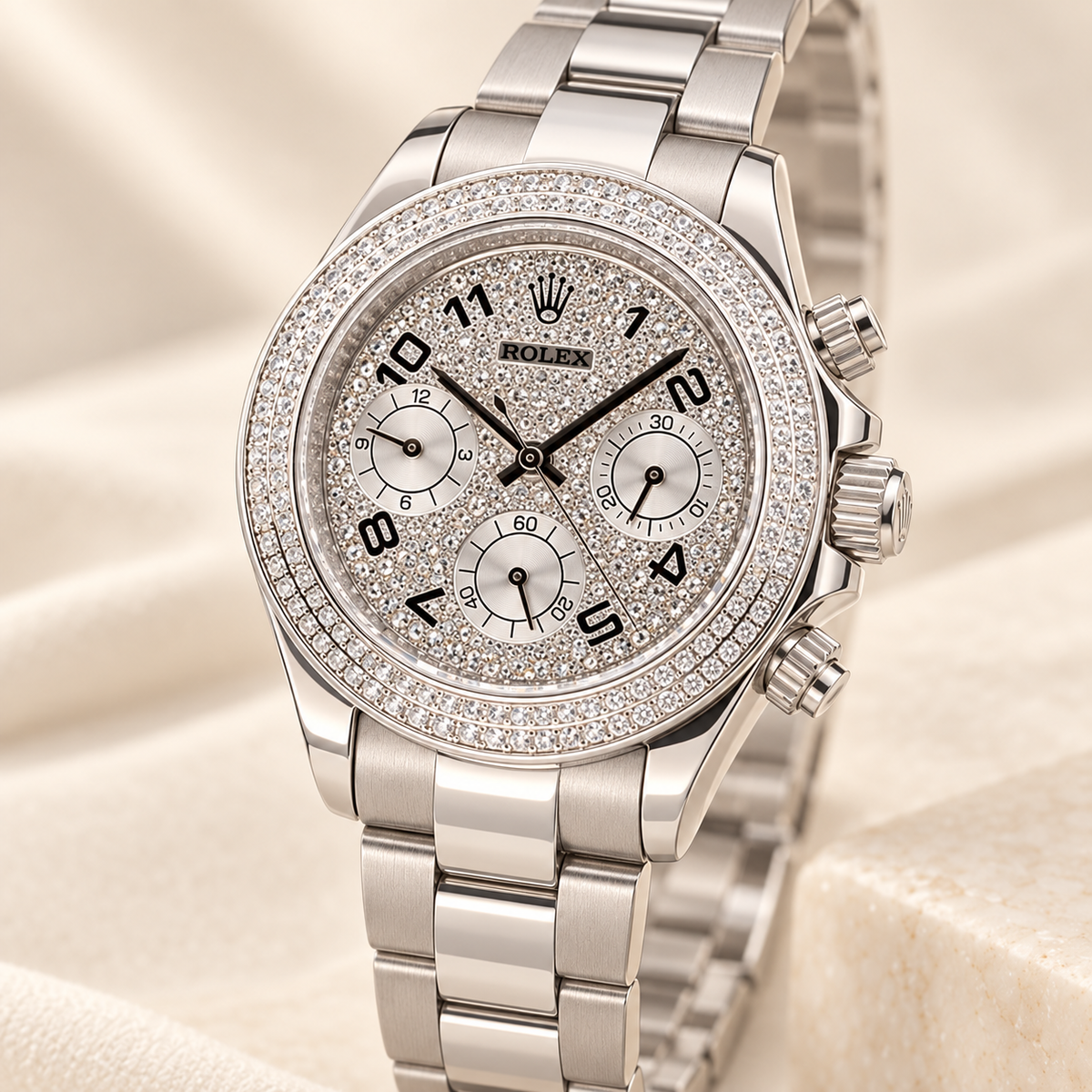 Luminara Damen-Chronograph – Seitenansicht des silberfarbenen Gehäuses