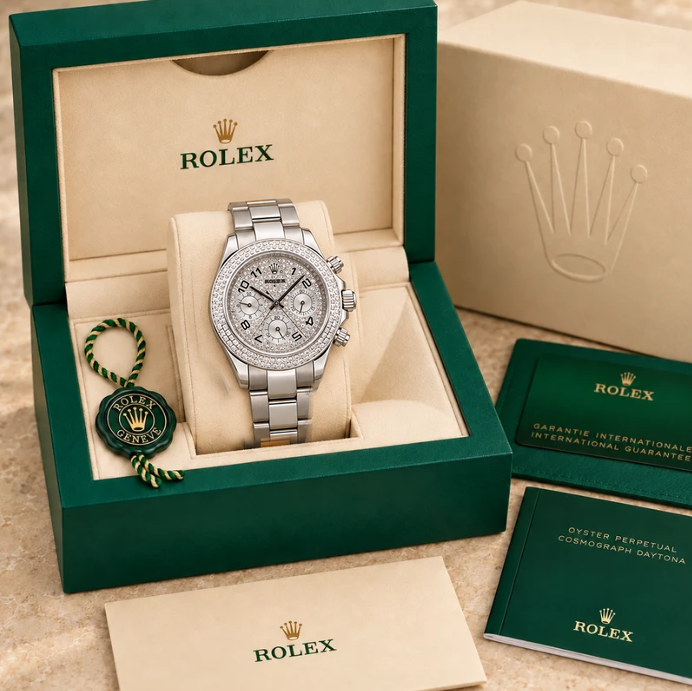 Luminara Damen-Chronograph – Silberfarben & Steinbesatz | 35 mm in groene Rolex-doos
