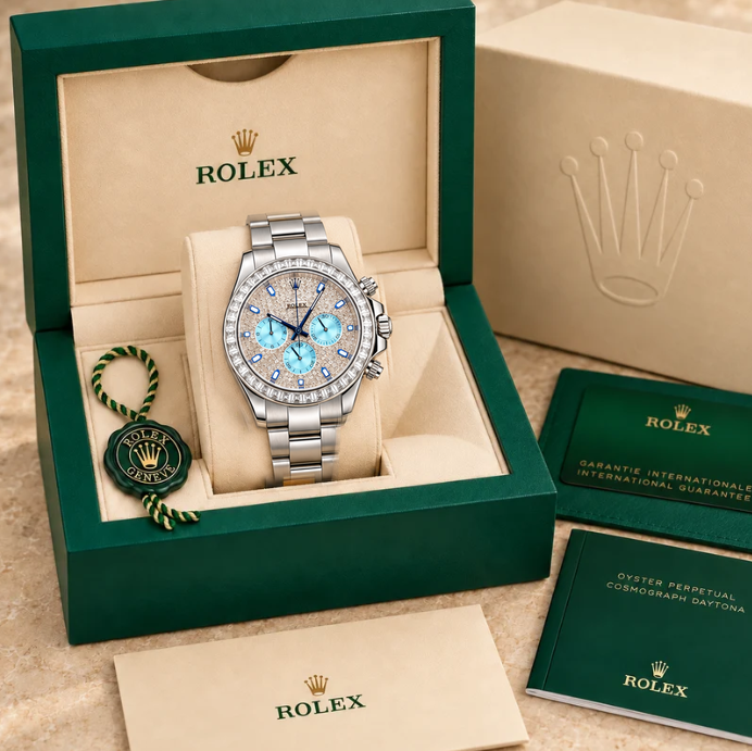 Luminvéo Herren-Chronograph mit Schmucksteinbesatz – Silberfarben & Eisblau | 42 mm in groene Rolex-doos