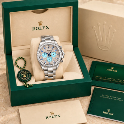 Luminvéo Herren-Chronograph mit Schmucksteinbesatz – Silberfarben & Eisblau | 42 mm in groene Rolex-doos