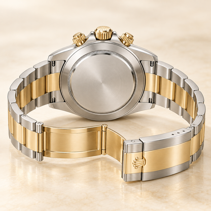 Lunaris Chronograph, geschlossene Rückseite und geöffnetes Bicolor-Armband