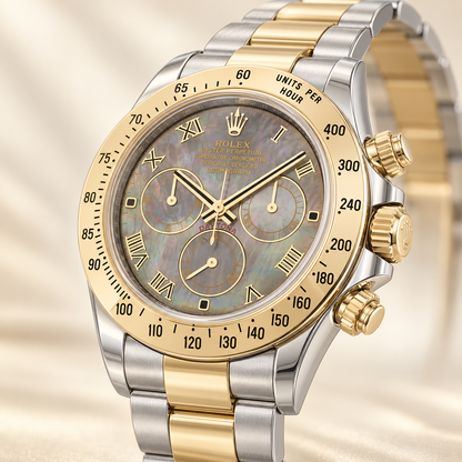 Lunaris Chronograph, Seitenansicht mit goldfarbener Krone und Drückern