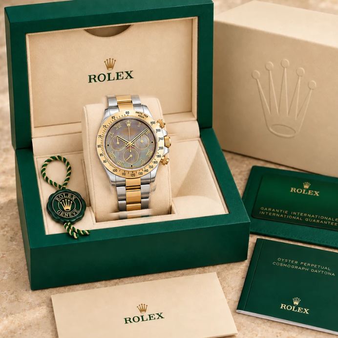 Lunaris Chronograph – Perlmutt & Bicolor | 40 mm in groene Rolex-doos