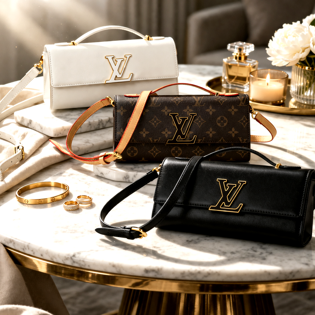 Luxuriöse Lederhandtasche mit Schulterriemen – Originalansicht