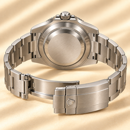 Geschlossene Rückseite und geöffnetes Armband der silberfarbenen Marinus Taucheruhr