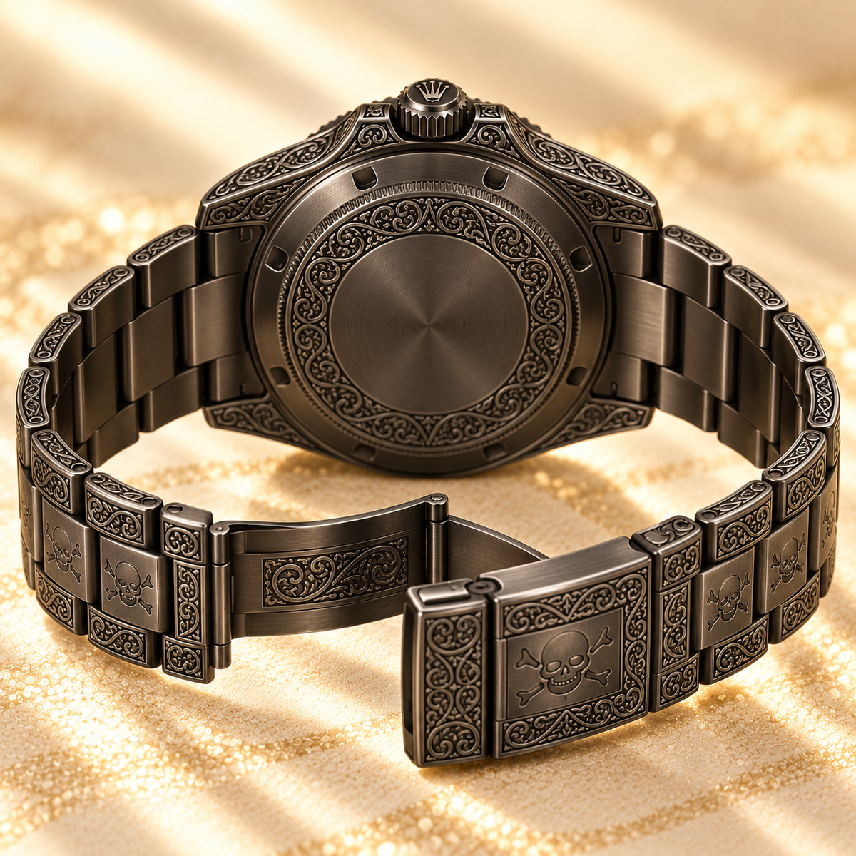 Geschlossene Rückseite und geöffnetes graviertes Armband der schwarzen Marinus Uhr