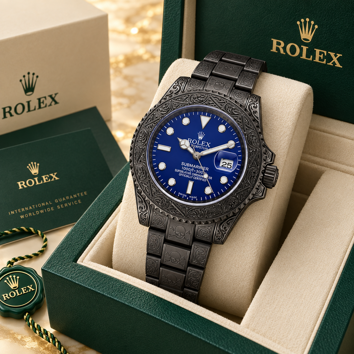 Schwarze Marinus Gravuruhr mit blauem Zifferblatt und Schädelmotiven in grüner Uhrenbox