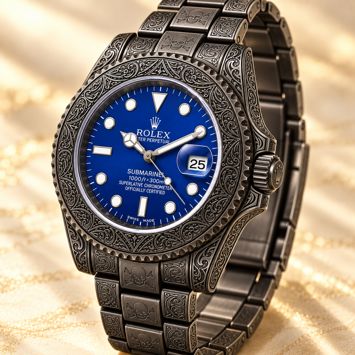Seitenansicht der schwarzen Marinus Gravuruhr mit blauem Zifferblatt und ornamentaler Gravur