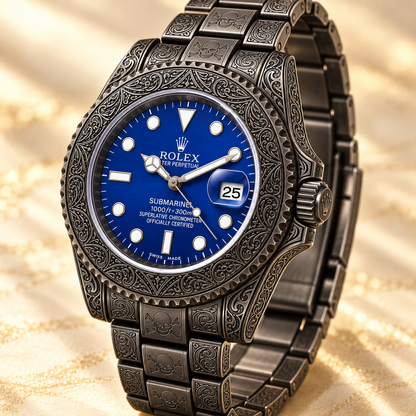 Seitenansicht der schwarzen Marinus Gravuruhr mit blauem Zifferblatt und ornamentaler Gravur