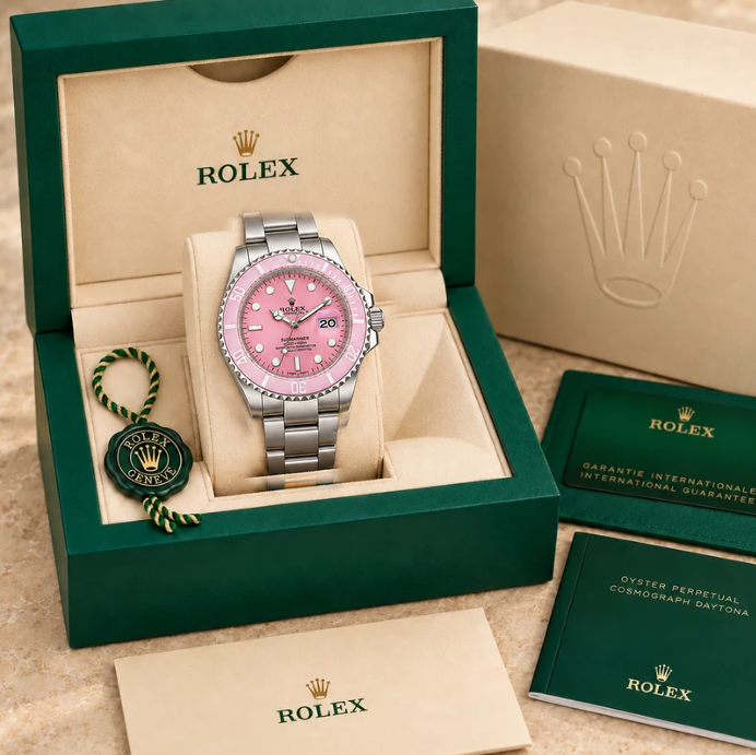 marinus gliederband herrenuhr silberfarben rosa 41 mm in grüner Box; Box optional