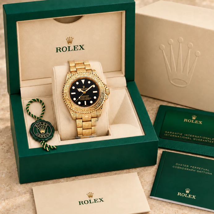 Marinus marinus gravuruhr goldfarben schwarz 41 mm in grüner Box; Box optional