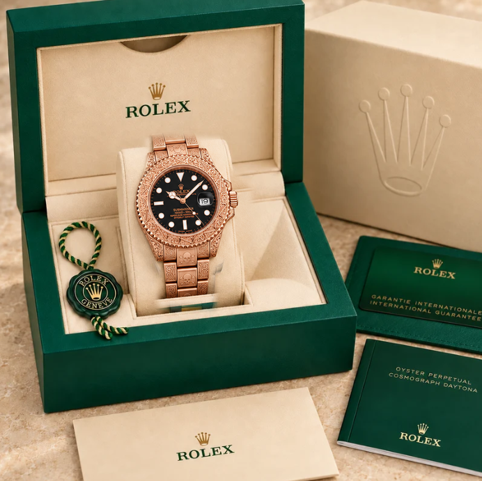 marinus gravuruhr rosefarben schwarz 41 mm in grüner Box; Box optional
