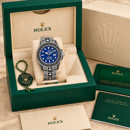 marinus gravuruhr silberfarben schwarz blau 41 mm in grüner Box; Box optional