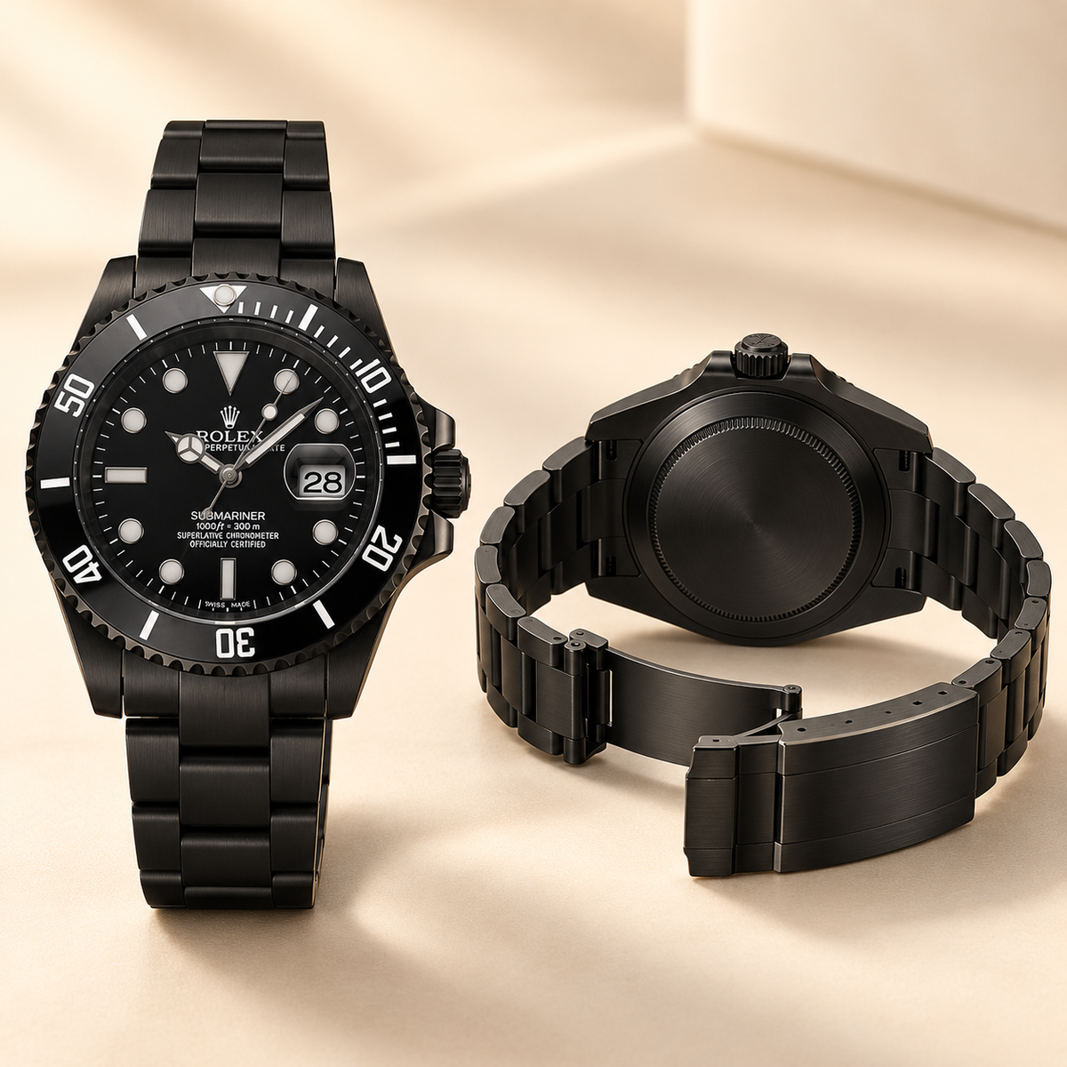 Marinus Herrenuhr, 41 mm, geschlossener schwarzer Gehäuseboden und geöffnete Faltschließe