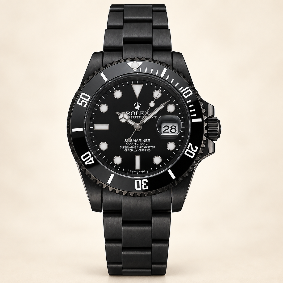 Marinus Herrenuhr, 41 mm, Frontansicht mit schwarzem Zifferblatt und schwarzem Gliederarmband