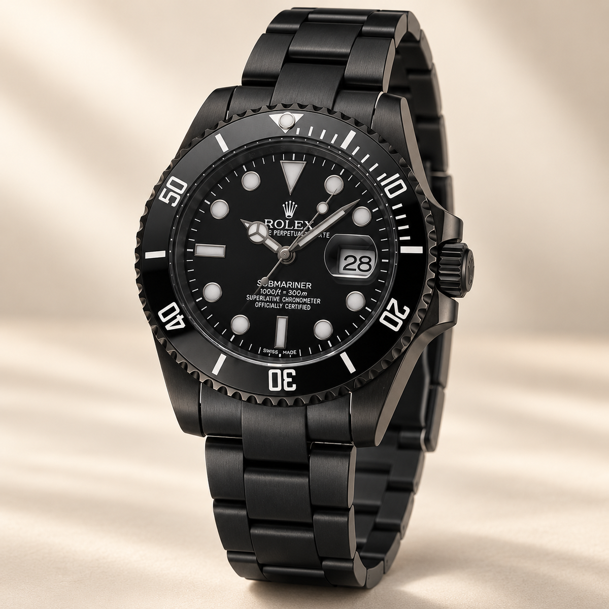 Marinus Herrenuhr, 41 mm, Seitenansicht mit schwarzem Gehäuse und schwarzem Gliederarmband