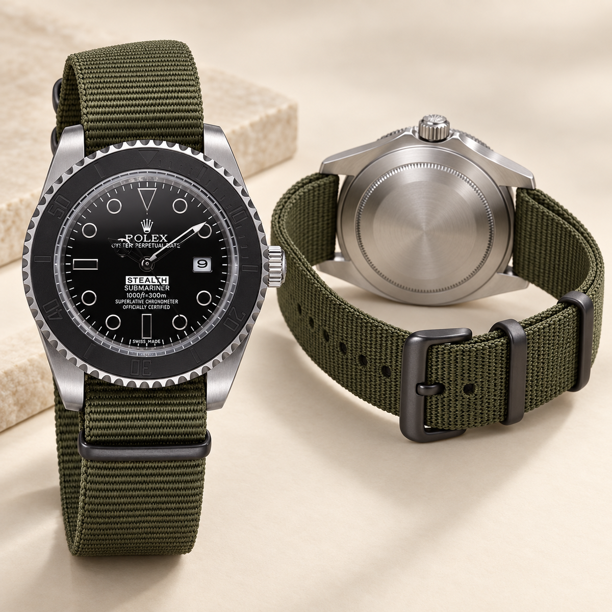 Marinus Textilband-Herrenuhr, 41 mm, geschlossener Gehäuseboden und geöffnetes olivgrünes Textilband