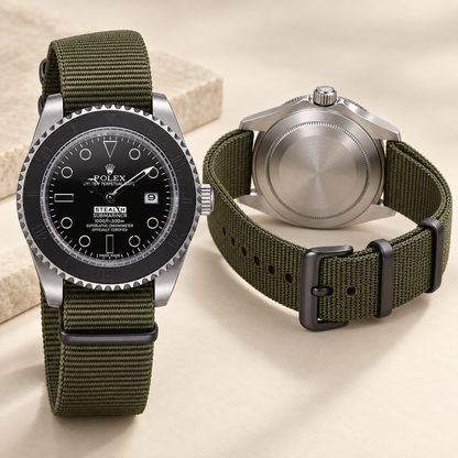 Marinus Textilband-Herrenuhr, 41 mm, geschlossener Gehäuseboden und geöffnetes olivgrünes Textilband