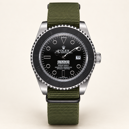 Marinus Textilband-Herrenuhr, 41 mm, Frontansicht mit schwarzem Zifferblatt und olivgrünem Band