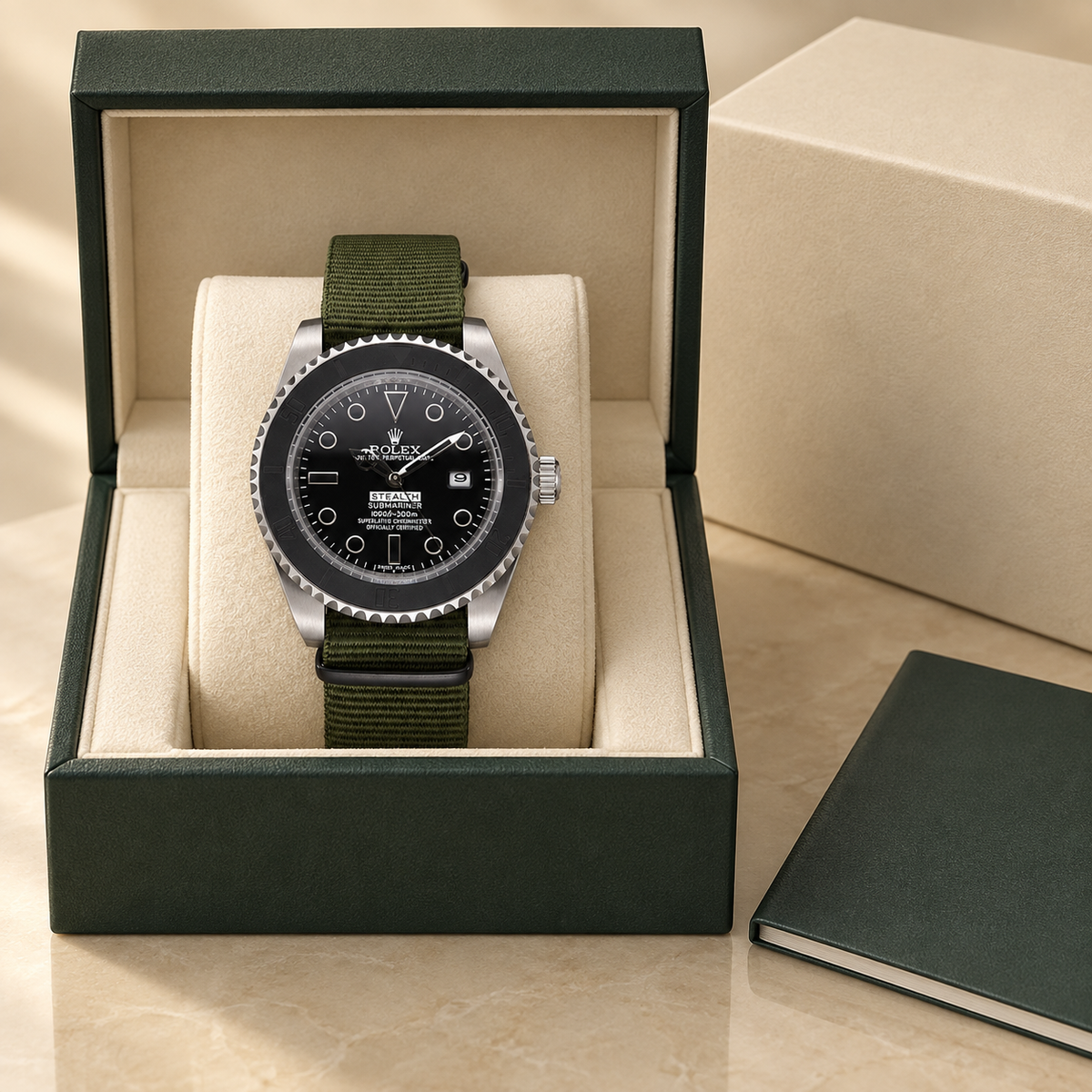 Marinus Textilband-Herrenuhr in Schwarz und Oliv, 41 mm, in der optionalen grünen Präsentationsbox