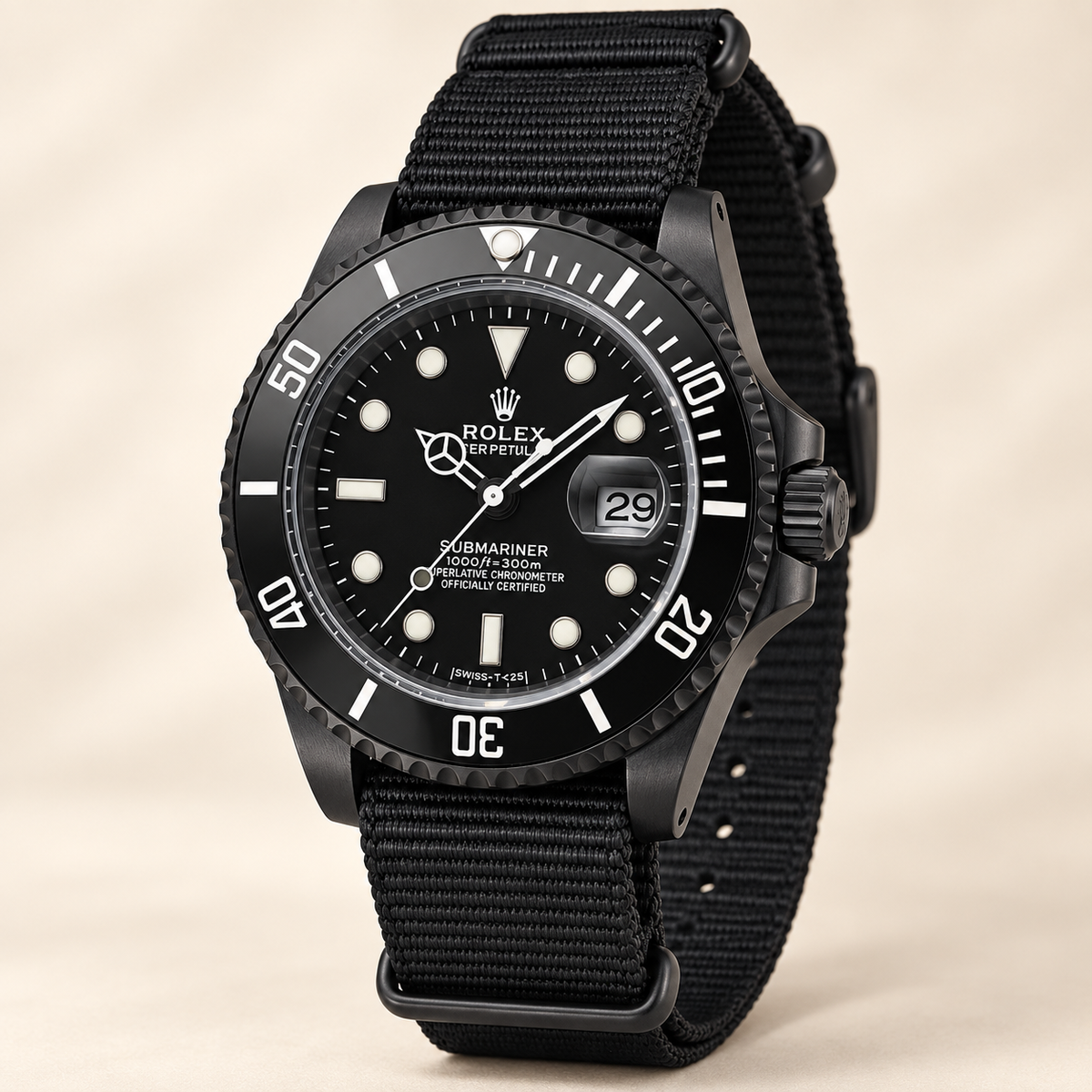 Marinus Textilband-Herrenuhr, 40 mm, schwarze Seitenansicht mit Krone und Textilband