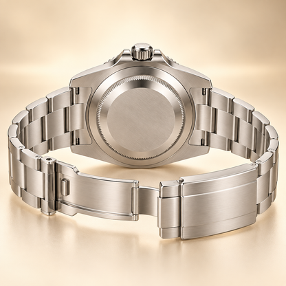 Marinus Herrenuhr – geschlossener Gehäuseboden und geöffnetes Gliederarmband