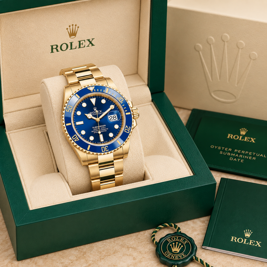 Marinus Sportuhr Blau-Gold – 40 mm in groene Rolex presentatiebox