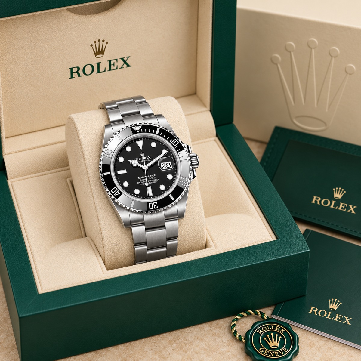 Marinus Sportuhr Schwarz – 41 mm in groene Rolex presentatiebox