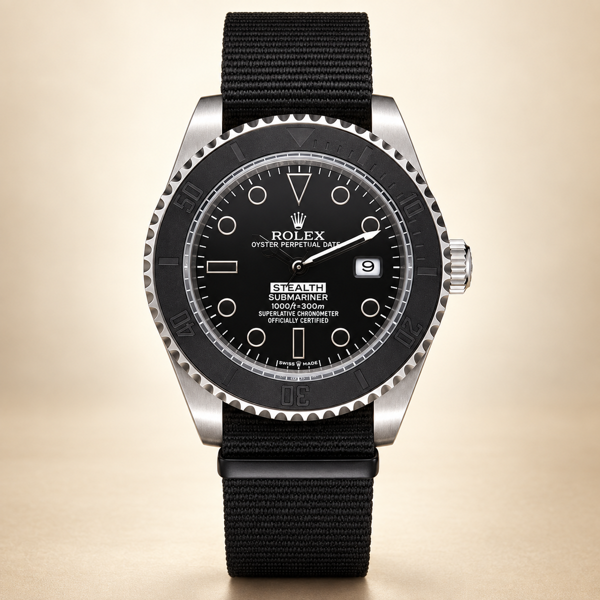Marinus Textilband-Herrenuhr – Frontansicht Schwarz und Silberfarben