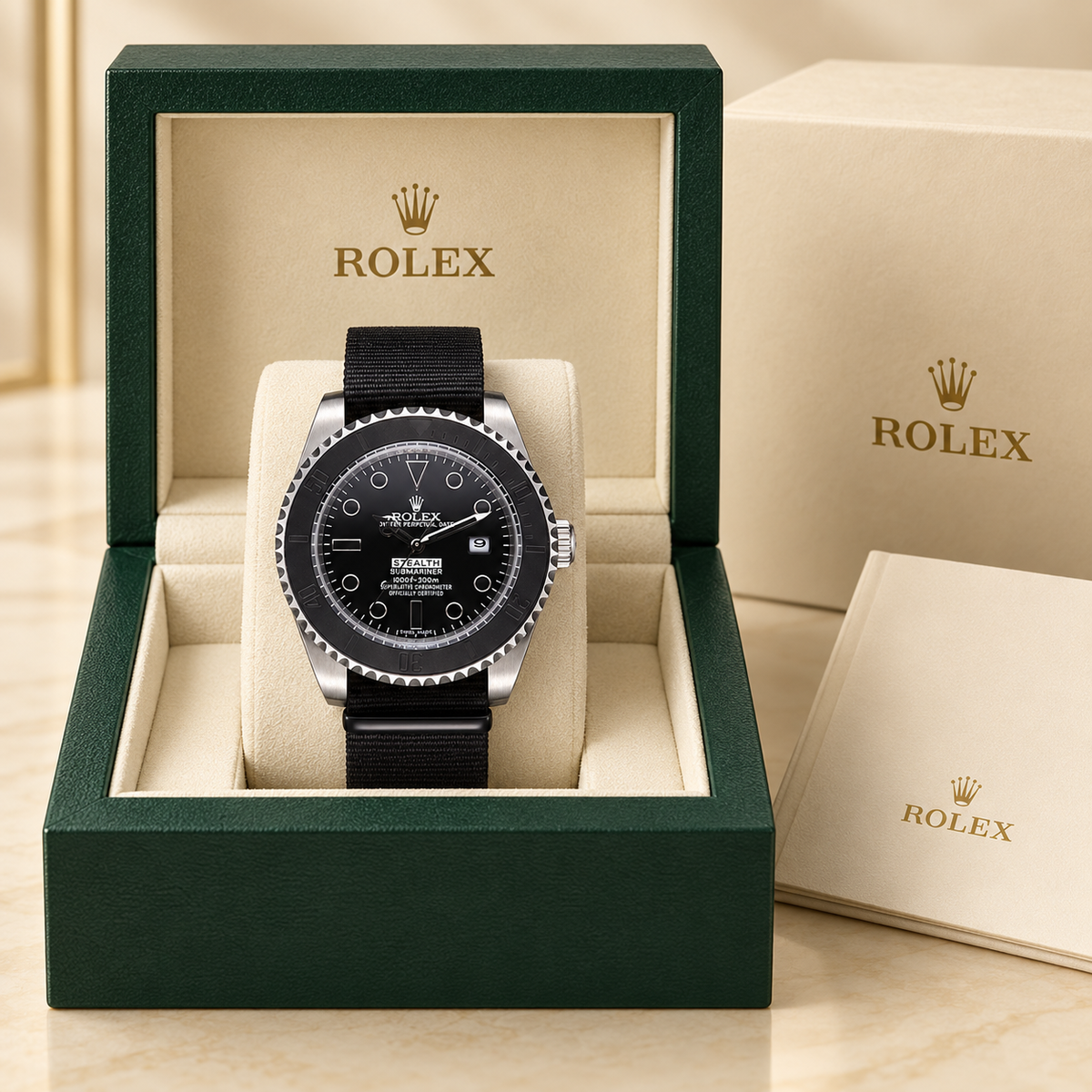 Marinus Textilband-Herrenuhr in Schwarz und Silberfarben in grüner Präsentationsbox