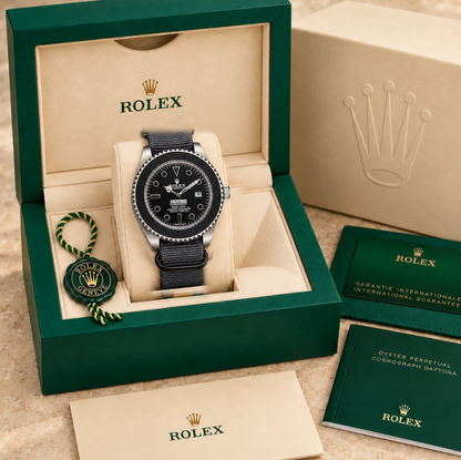 marinus stealth textilband herrenuhr schwarz grau 41 mm in grüner Box; Box optional