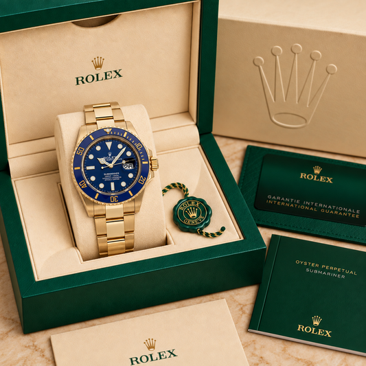 Marinus Taucheruhr 41 mm Goldfarben und Blau in grüner Rolex Präsentationsbox