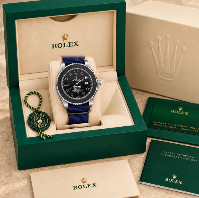 marinus textilband herrenuhr schwarz dunkelblau 41 mm in grüner Box; Box optional