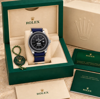 marinus textilband herrenuhr schwarz dunkelblau 41 mm in grüner Box; Box optional