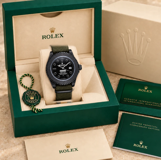 marinus textilband herrenuhr schwarz oliv 39 mm in grüner Box; Box optional