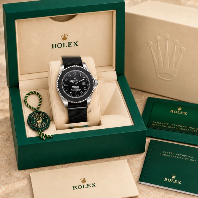 marinus textilband herrenuhr schwarz silberfarben 41 mm in grüner Box; Box optional