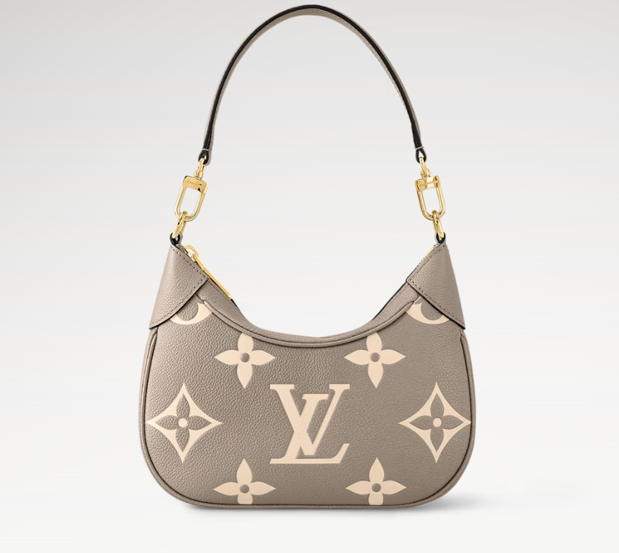 Taupefarbene Mini-Hobo-Tasche mit cremefarbenem Monogrammmuster – Vorderansicht