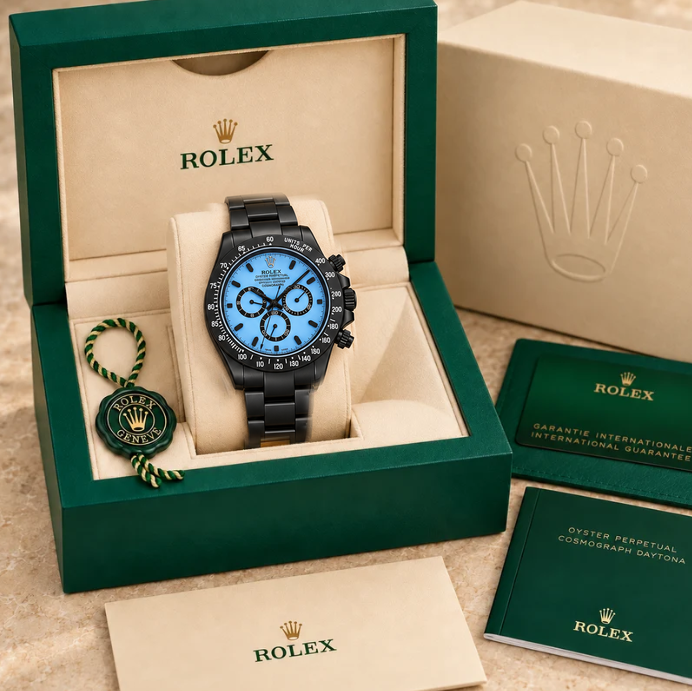 Noctelio Herren-Chronograph – Eisblau & Schwarz | 42 mm in groene Rolex-doos