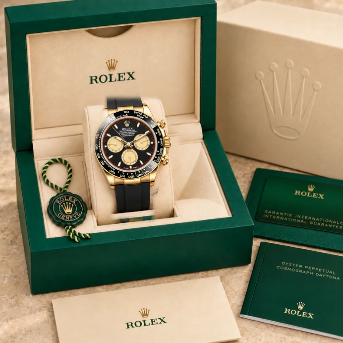 Noctis Chronograph – Schwarz & Goldfarben | 40 mm in groene Rolex-doos