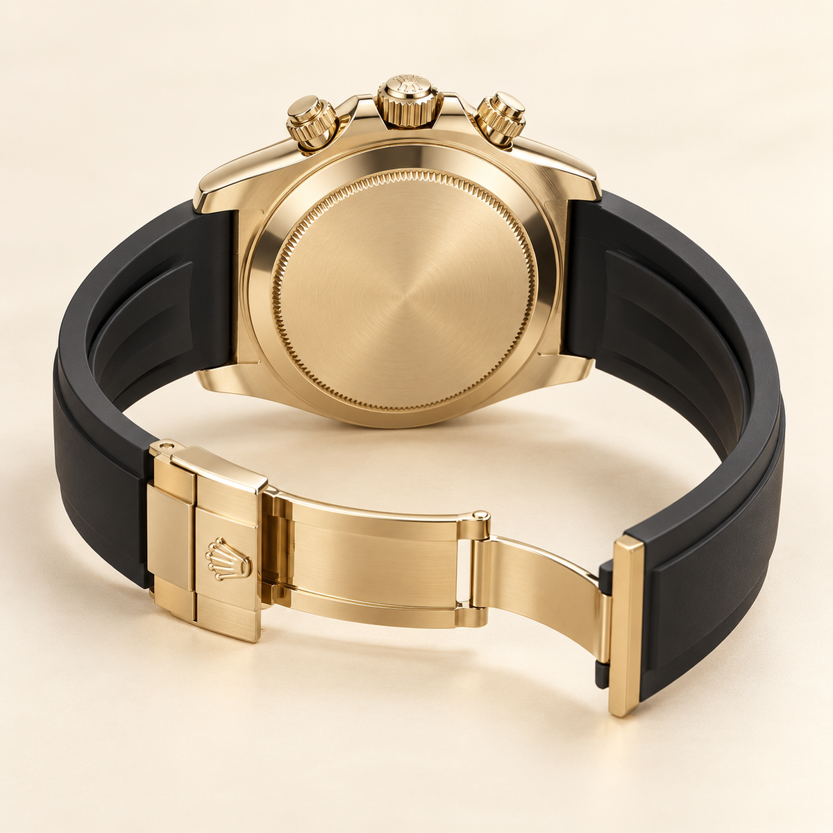 Noctis Chronograph, geschlossene goldfarbene Rückseite und geöffnetes schwarzes Armband