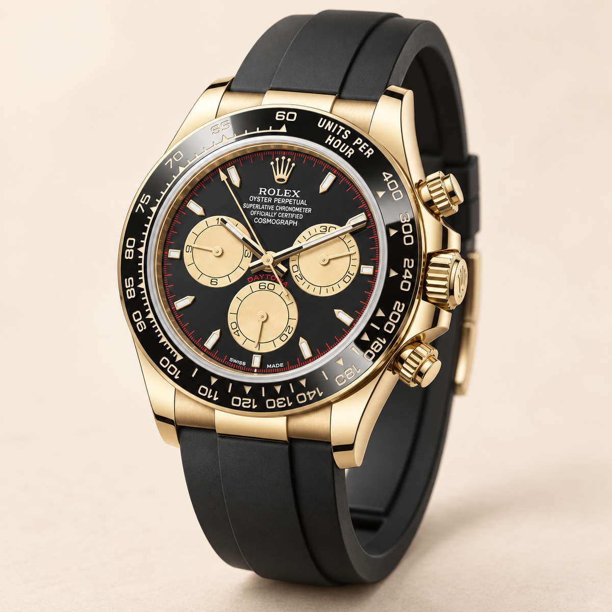 Noctis Chronograph, Seitenansicht mit goldfarbener Krone und Drückern